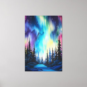 Impressão Em Tela Aquarela Luzes do Norte aurora boreal