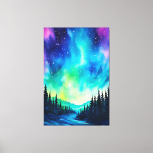 Impressão Em Tela Aquarela Luzes do Norte aurora boreal