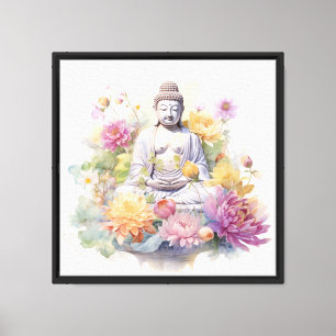 Impressão Em Tela Aquarela Serene Buddha Cor-de-rosa Flores Amarelas