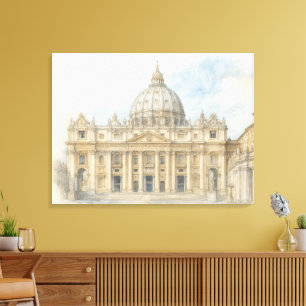 Impressão Em Tela Aquarela Vaticano Basílica de São Pedro Itália