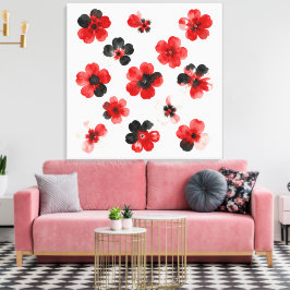 Impressão Em Tela Aquarela Vermelho Preto Branco Floral 