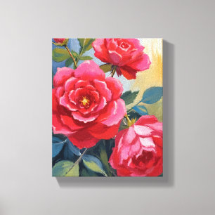 Impressão Em Tela Arbusto de Rosa Vermelha   Pintura Floral em Aquar