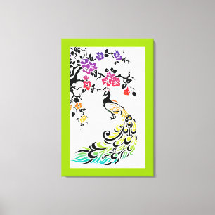 Impressão Em Tela Arco-íris, pavão negro e flores de cereja