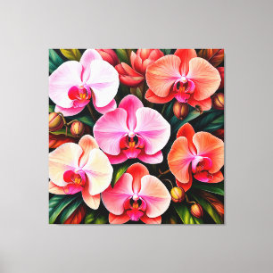 Impressão Em Tela Arranjo de Flores de Orquídea Rosa e Laranja Elega