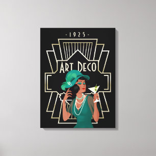 Impressão Em Tela Art Deco 1920 Lady Green Vestir Frame Dourado Pret