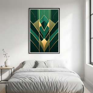Impressão Em Tela Art Deco Esmeralda Verde e Geométrico Dourado