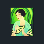 Impressão Em Tela Art Deco Lady with a Fan Green<br><div class="desc">Canvas em um retrato moderno,  semimabstrato,  Art Deco de uma senhora em um quimono,  segurando um fã,  contra um abstrato verde-jade</div>
