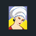 Impressão Em Tela Art Deco Modern Lady in a Turban<br><div class="desc">Canvas em uma moderna,  semimabstrato,  Art Deco inspirou o retrato de uma senhora em vermelho com um turbante branco,  contra uma cinza amarela e azul</div>