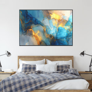 Impressão Em Tela Arte Abstrata de Mármore Fluido em Verde Azul e Do