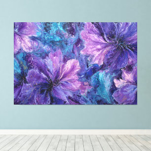 Impressão Em Tela Arte Abstrata Floral Turquesa Azul Roxo na Parede