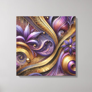 Impressão Em Tela Arte Abstrata Intricada em Tona Roxa e Dourada em