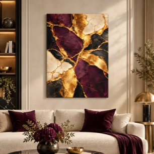 Impressão Em Tela Arte Abstrata Kintsugi Luxo Ameixa Preto Dourado