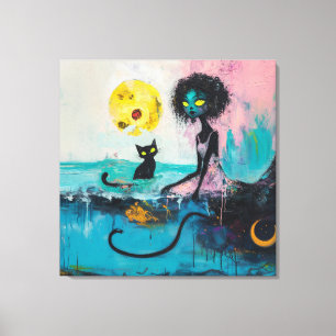 Impressão Em Tela Arte AI Magnética Witchy — Oceano Moon Negro Rosa