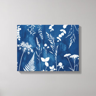 Impressão Em Tela Arte Botânica de Samambaia em Azul Cianotipia Índi