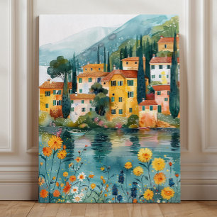 Impressão Em Tela Arte Caprichosa de Aldeia Italiana à Beira do Lago