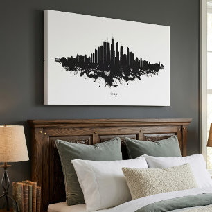 Impressão Em Tela Arte da Cidade em Aquarela Preto e Branco da Silhu
