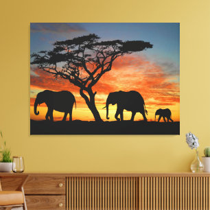 Impressão Em Tela Arte da Silhueta do Elefante no Pôr do Sol da Sava