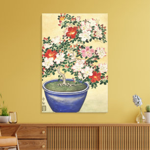 Impressão Em Tela Arte de Azaléia Vintage Ohara Koson em Pote Azul