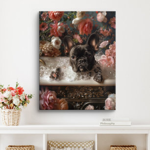 Impressão Em Tela Arte de Bulldog Francês   Frenchie na Banheira do 
