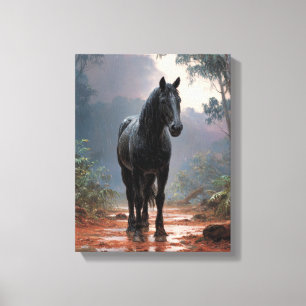 Impressão Em Tela Arte de Cavalo Preto Majestoso na Floresta com Ria