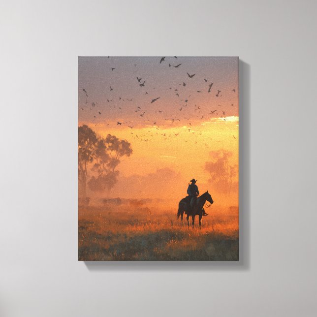 Impressão Em Tela Arte de Cowboy Cavalgando em Direção ao Pôr do Sol (Frente)