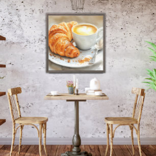 Impressão Em Tela Arte de Cozinha Croissant & Cappuccino Watercolor