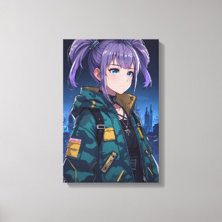Impressão Em Tela Arte de Garota de Anime Cyberpunk com Tranças e Ja