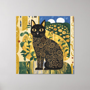 Impressão Em Tela Arte de Gato Preto Decorativo Dourado no Estilo Gu