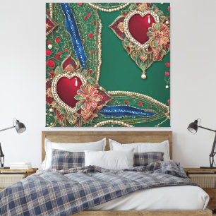 Impressão Em Tela Arte de IA com renda verde esmeralda e corações ve