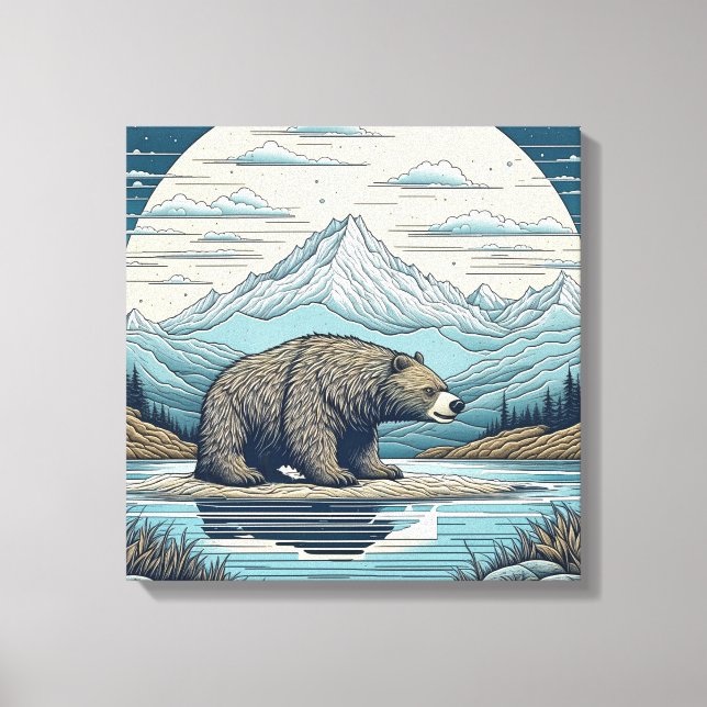 Impressão Em Tela Arte de IA de Urso, Montanhas, Lago, Lua Cheia (Frente)