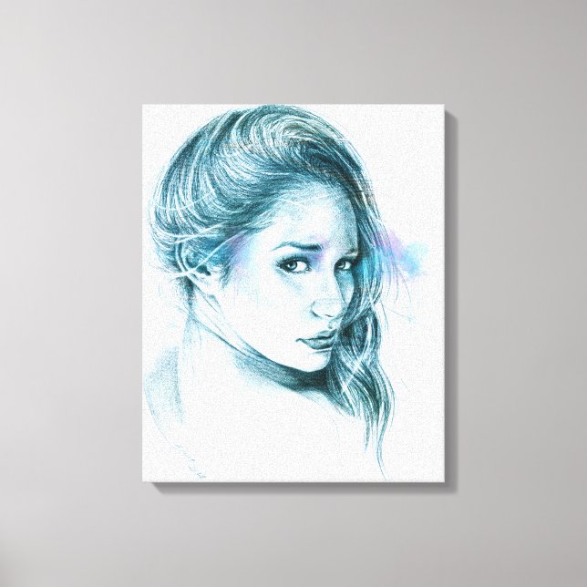 Impressão Em Tela Arte de lápis de retrato feminino azul (Frente)