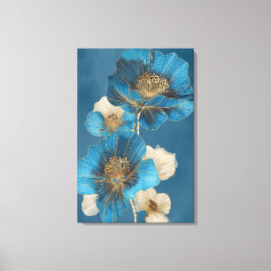 Impressão Em Tela Arte de Linha Dourada Azul Botânico Floral Papoula