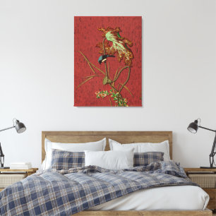 Impressão Em Tela Arte de Lótus de Pássaro Japonês Vermelho Antigo G
