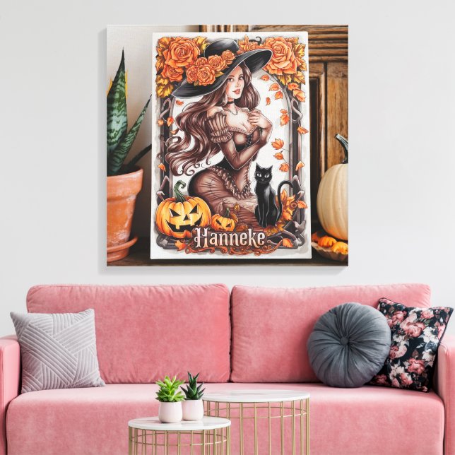 Impressão Em Tela Arte de Muro do Halloween: Mulher com Chapéu Negro (Insitu(Sala de estar))