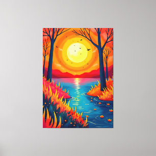 Impressão Em Tela Arte de Paisagem de Lago ao Pôr do Sol Laranja Vib