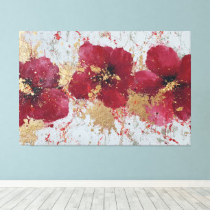 Impressão Em Tela Arte de Parede Abstrata Flor de Vermelho e Dourado