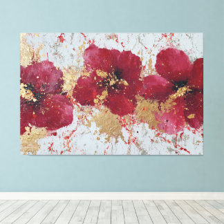 Impressão Em Tela Arte de Parede Abstrata Flor de Vermelho e Dourado