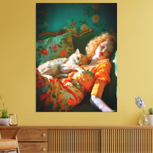 Impressão Em Tela Arte de Parede de Mulher e Gato Vintage – Floral R
