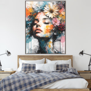 Impressão Em Tela Arte de Parede de Retrato de Mulher Floral Abstrat