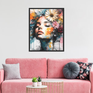 Impressão Em Tela Arte de Parede de Retrato de Mulher Floral Abstrat