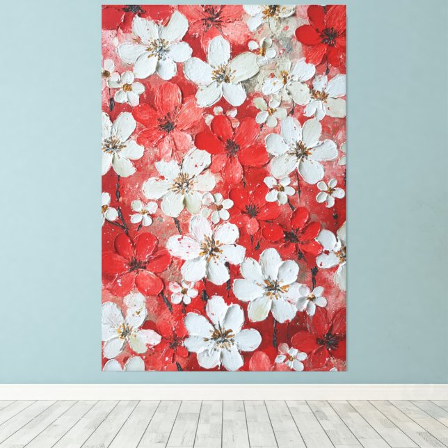 Impressão Em Tela Arte de Parede Impasto de Flores Brancas e Vermelh (Insitu(piso de madeira))