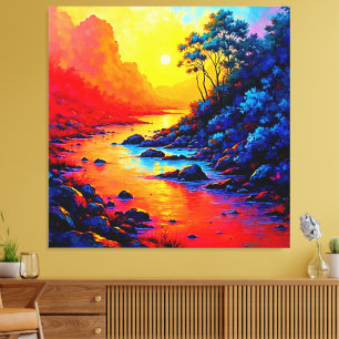 Impressão Em Tela Arte de Pintura de Floresta e Rio Neon