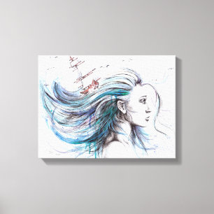 Impressão Em Tela Arte de pintura surreal náutica de menina oceânica