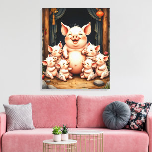 Impressão Em Tela Arte de Porco – Mãe e Leitões