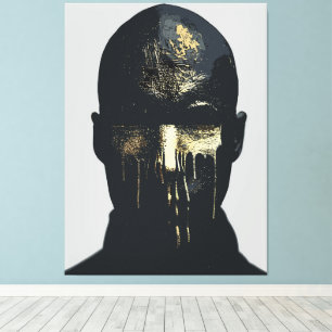 Impressão Em Tela Arte de Retrato Abstrato Preto e Dourado Minimalis