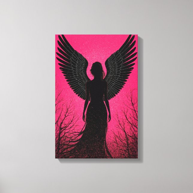 Impressão Em Tela Arte de Silhueta Anjo Escuro com Vibes Rosa Neon (Frente)
