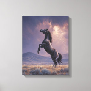 Impressão Em Tela Arte de Tempestade com Cavalo Preto Erguido