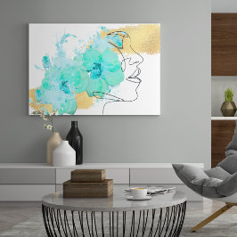 Impressão Em Tela Arte de uma linha com flores azuis mancha ouro