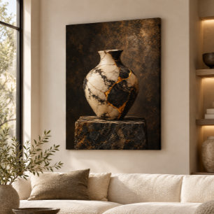 Impressão Em Tela Arte de Vaso Kintsugi em Ouro Marfim Preto