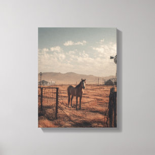 Impressão Em Tela Arte do Portão do Rancho Rústico com Cavalo ao Pôr
